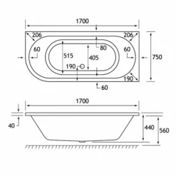 Beaufort Biscay 1700 X 750 Beauforte Reinforced J Shaped Bath - Right Hand -Home Bathroom biscay de 1700x750 RH tech 2