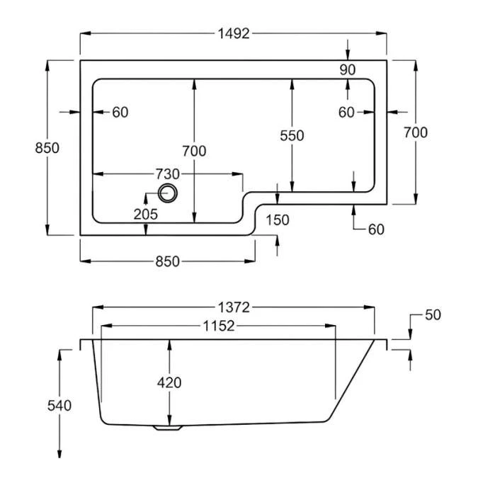 Carron Quantum 1500 X 700/850 Square Shower Bath - Carronite 9 Carron Quantum 1500 X 700/850 Square Shower Bath - Carronite - Image 9