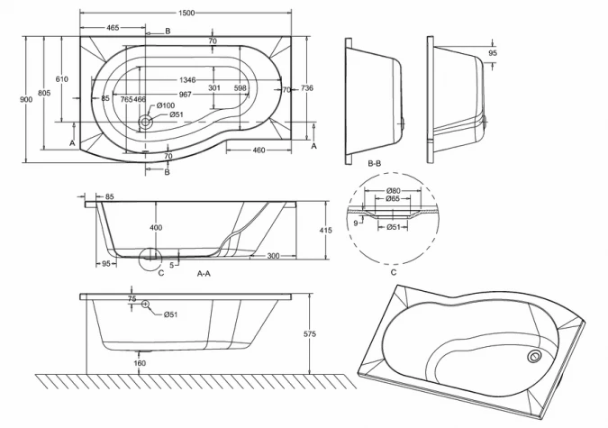 ClearGreen EcoRound 1500 X 900mm Shower Reinforced Bath 3 ClearGreen EcoRound 1500 X 900mm Shower Reinforced Bath - Image 3