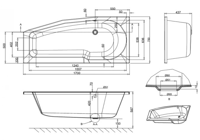 ClearGreen EcoCurve 1700 X 750mm Space Saving Shower Reinforced Bath 4 ClearGreen EcoCurve 1700 X 750mm Space Saving Shower Reinforced Bath - Image 4