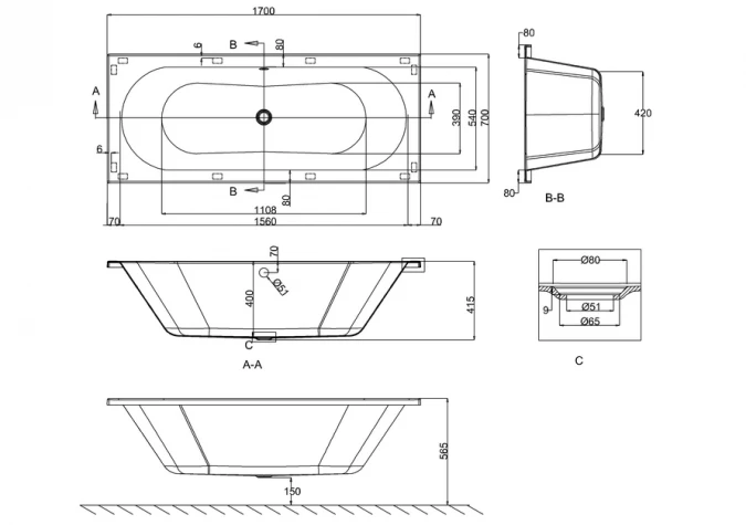 ClearGreen Verde 1700 X 800mm Double Ended Reinforced Bath 4 ClearGreen Verde 1700 X 800mm Double Ended Reinforced Bath - Image 4