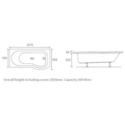 Overberg DOUBLECAST 1700 X 850mm P Shape Shower Bath Pack -Home Bathroom overberg p shaped bath tech