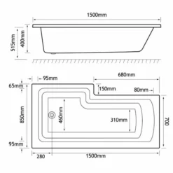 Beaufort Shannon 1500 X 850 Beauforte Reinforced Shower Bath - Right Hand 6 Beaufort Shannon 1500 X 850 Beauforte Reinforced Shower Bath - Right Hand -Home Bathroom shannon L 1500x850 RH tech 1