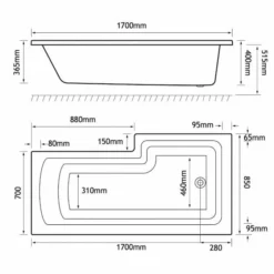 Beaufort Shannon 1700 X 850 L Shaped Shower Bath - Left Hand 5 Beaufort Shannon 1700 X 850 L Shaped Shower Bath - Left Hand -Home Bathroom shannon L 1700x850 LH tecg