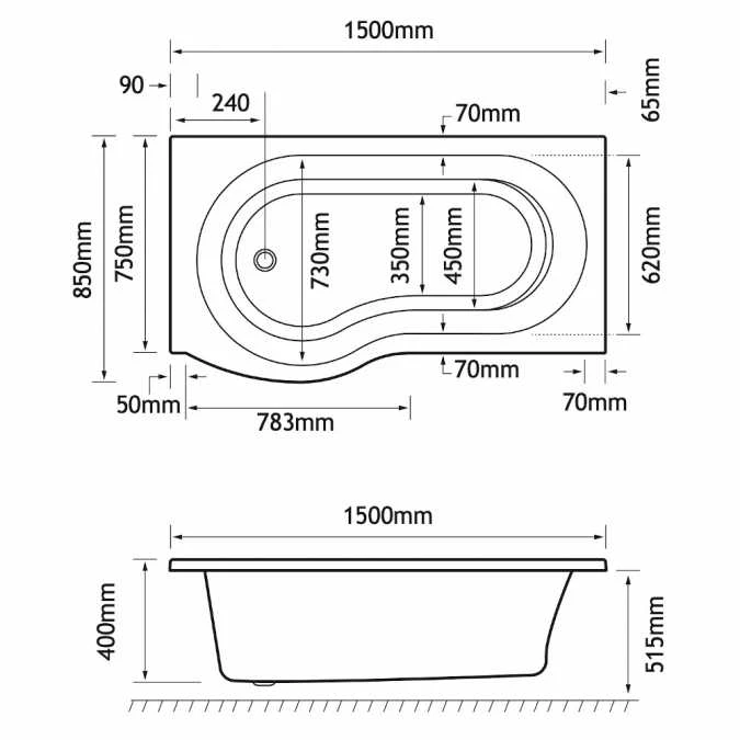Beaufort Shannon 1500 X 850 P Shaped Shower Bath - Right Hand 3 Beaufort Shannon 1500 X 850 P Shaped Shower Bath - Right Hand - Image 3