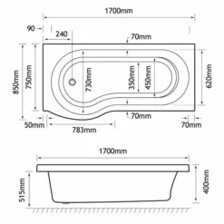 Beaufort Shannon 1700 X 850 P Shaped Shower Bath - Right Hand -Home Bathroom shannon p 1700x850 RH tech