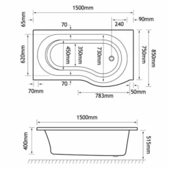 Beaufort Shannon 1500 X 850 P Shaped Shower Bath - Left Hand 5 Beaufort Shannon 1500 X 850 P Shaped Shower Bath - Left Hand -Home Bathroom shannon p LH 1500x850 tech