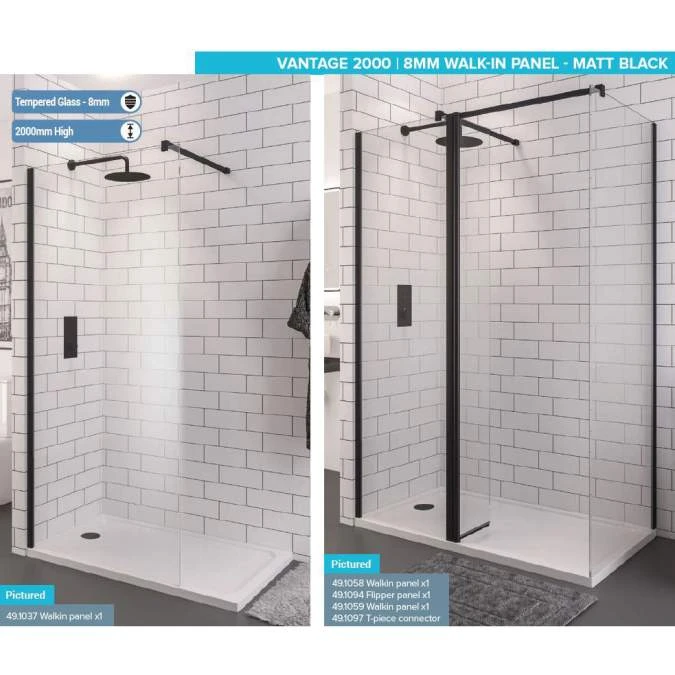 Vantage 8mm, 700mm Matt Black Walk In Shower Screen - Eastbrook 2 Vantage 8mm, 700mm Matt Black Walk In Shower Screen - Eastbrook - Image 2